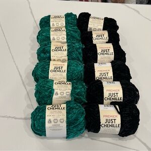 Premier Just Chenille Yarn - Deep Emerald and Black - Lot of 12 NEW